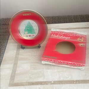 Himark Holiday Christmas Tree Plate - Red and Gold in original box 1986